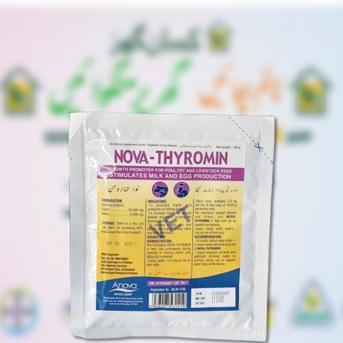NOVA-THYROMIN 100GM STIMULATES MILK AND EGG PRODUCTION Stimulates egg production for layer. Promotes of growth rate Anova